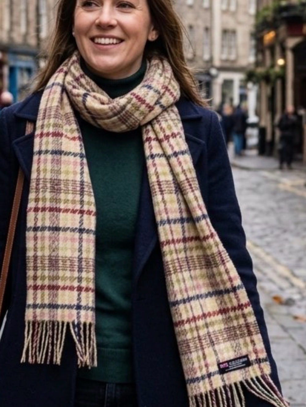 Beige Plaid Fringe Scarf with Multi-Color Accents